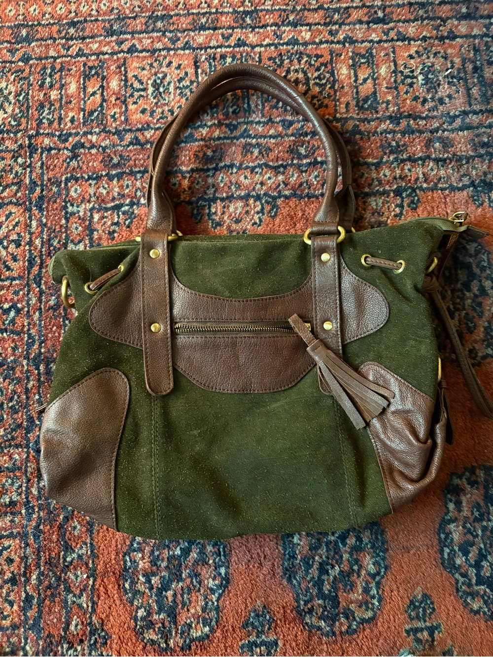 Green Suede and Brown Leather Tote Bag (no name)